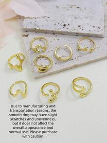 Set de 8 anillos de metal liso asimétrico vintage, anillos geométricos para uso diario - Amarillo Oro - Ver 5