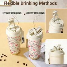 mikenda 1个18盎司不锈钢真空保温旅行杯，带蝴蝶结花卉图案、杯盖和提手，保温12小时，保冷24小时，可重复使用，可爱美观，适合车载、办公、学校使用，送给她的礼物 - 白色 - 查看 5