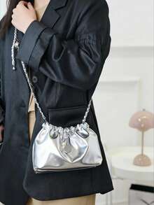 1pc Solid Silver Cloud Shoulder Bag, Shiny Fashion Versatile Handbag, Crossbody Bag Suitable For Party, Travel, Gathering, Date, Gift - Bright silver - View 6