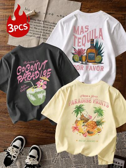 3pcs Tequila & Tropical Fruit Graphic Regular Fit Women Summer Beach Vacation T-Shirts