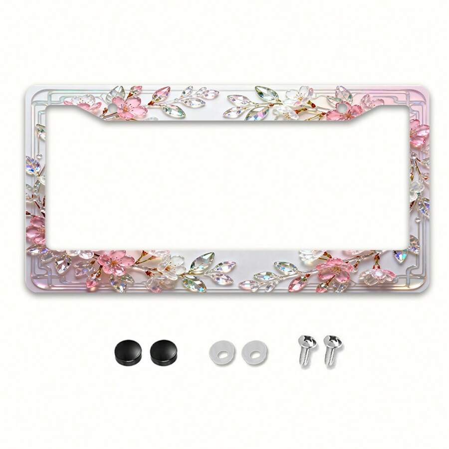 1 Elegant Crystal Cherry Blossom Metal License Plate Frame |   Suitable For North American And Most International Vehicles, Includes Mounting Screws, Secure Fit, Stylish And Easy To Install, UV-Resistant And Rust-Proof - 12x6inch,Car Must Haves,Car Picks,Gifts,Car Decor,Car Cover,Car Acessesories>Essentials