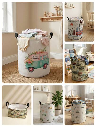 1pc Cartoon Car Print Foldable Round Storage Basket With Handle, Large Capacity Multi-Purpose Storage Bin For Nursery, Baby Diaper, Clothes, Toys Organization