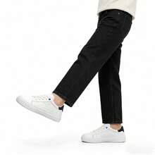 Men's Black & White Leather Sneakers, Soft, Breathable, Durable, Lace-Up Low-Top Embossed Pattern Design, Casual Streetwear Vacation Shoes For Spring & Autumn - White - View 12