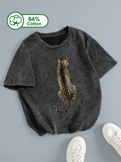 Camiseta de manga corta con cuello redondo y estampado de tie-dye de talla grande para mujer, con estampado de leopardo, casual y sencilla, para verano y otoño, uso diario al aire libre, con textura lavada, camiseta estampada para mujer, camiseta de talla grande