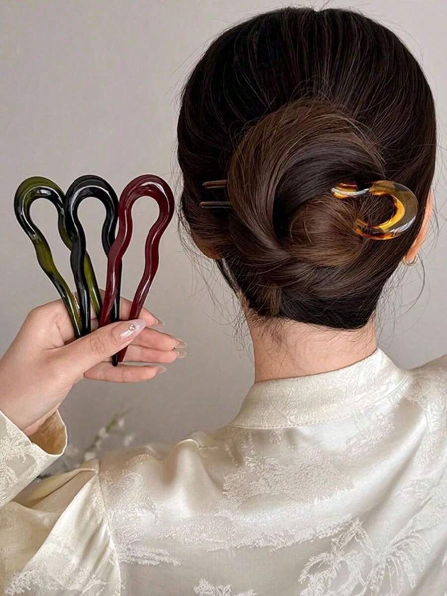 优雅U型发夹，法式扭结发叉，亚克力材质，复古风格，椭圆形设计，纯色，适合女士发型、汉服和旗袍，是情人节和母亲节的理想礼物，适合所有季节，夏季、假日、旅行、头部配饰、发髻延长、节日、生日等场合。 - 彩色 - 查看 1