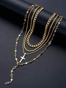 4 piezas Collar en forma de Y con colgante de cruz de cristal colorido y minimalista de acero inoxidable, estilo bohemio de moda, multicapa, casual, para playa, vacaciones, citas, uso diario, regalo versátil para novio, amigo, padre - Amarillo Oro - Ver 3