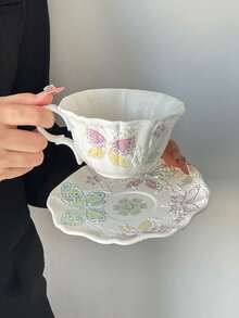 1 Set Embossed Matte Ceramic Coffee Cup & Saucer, French Ins-Style High-Quality Design, Large Capacity Elegant Mug, Ceramic - Suitable For Coffee, Milk, Entertaining Guests/Relatives, Exquisite Gift - Multicolor - View 2