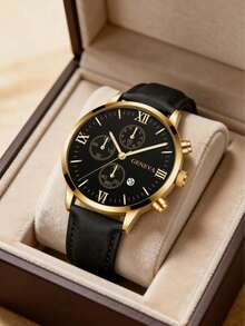 1只男士商务三眼罗马数字表盘石英表，真皮表带，适合日常佩戴、生日、送礼、周年纪念、年末促销、双十一、万圣节促销等场合，不含礼盒 - 彩色 - 查看 6