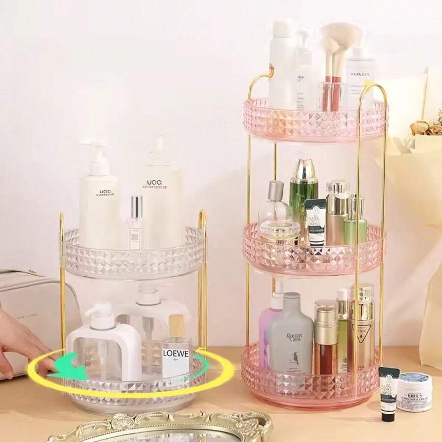 1pc 360° Rotating Makeup Organizer - DIY Adjustable Carousel Spinning Rack Cosmetics Display Rack Perfume Organiser, Spinning Bathroom Countertop Vanity Shelf, Table Decor,Ultra-Large Capacity Beauty Storage Box