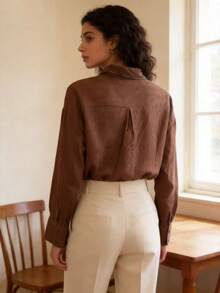 Women's Linen Shirt With Long Sleeves And Buttons - Casual, Elegant, And Comfortable - Brown - View 2