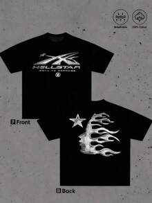 T Shirt Print ,Graphic-Cotton Tees Size Plus, Cartoon Round Neck Short Sleeve, 1Pcs Men's Graphic TShirt Logo Double Sided Print T Shirt Star Flame Face Art 100% Cotton Retro Tee Streetwear Style Casual Short Sleeve T Shirt Perfect Gift Summer,Y2K,Oversized Shirt Men,With Shirt,Summer Tops,Shirt Suitable - 黑色 - 查看 1