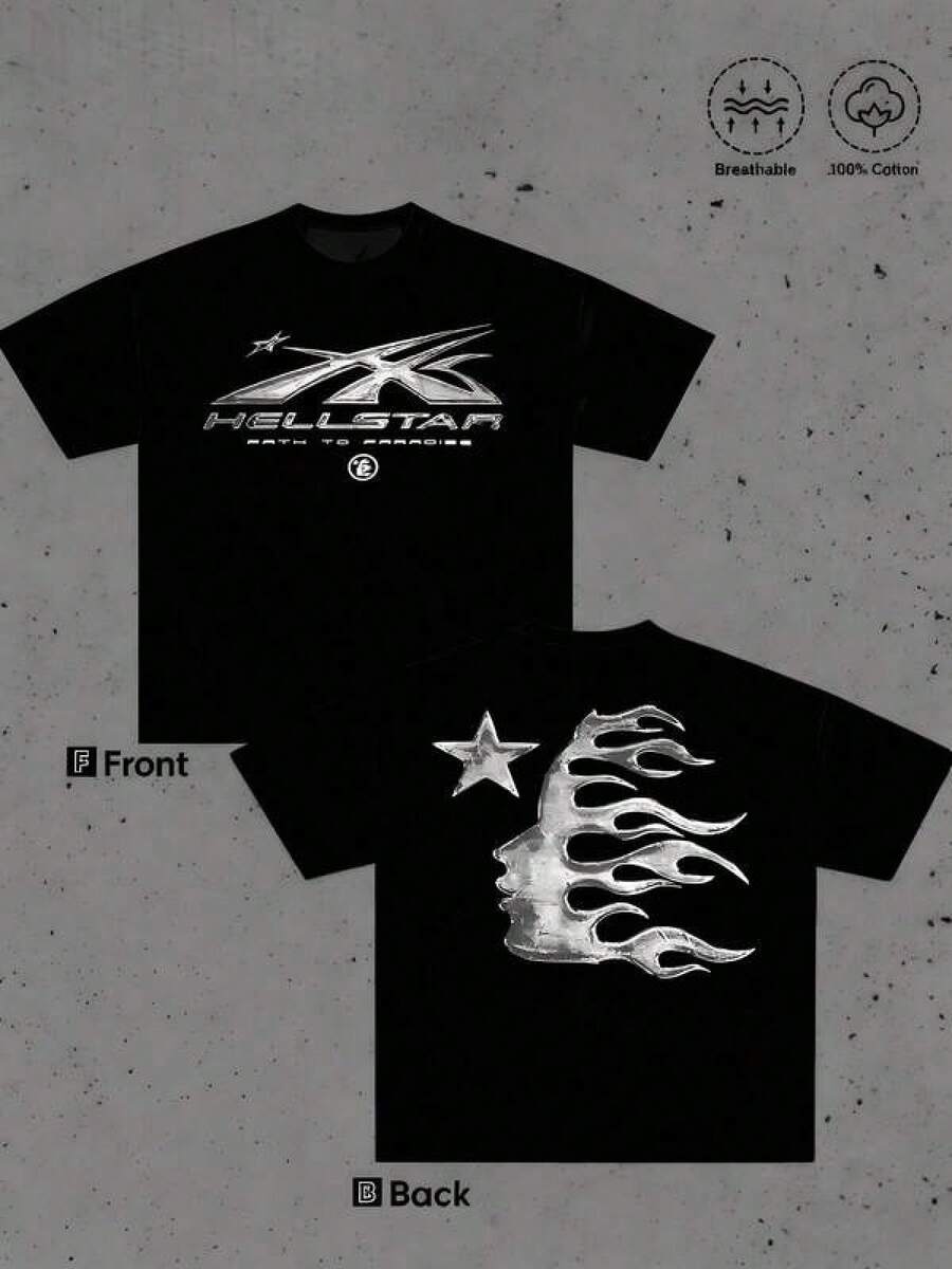 T Shirt Print ,Graphic-Cotton Tees Size Plus, Cartoon Round Neck Short Sleeve, 1Pcs Men's Graphic TShirt Logo Double Sided Print T Shirt Star Flame Face Art 100% Cotton Retro Tee Streetwear Style Casual Short Sleeve T Shirt Perfect Gift Summer,Y2K,Oversized Shirt Men,With Shirt,Summer Tops,Shirt Suitable - 黑色 - 查看 1