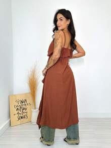 Longline Tunic With Thin Straps, Boho Chic Style. - Camel - View 2