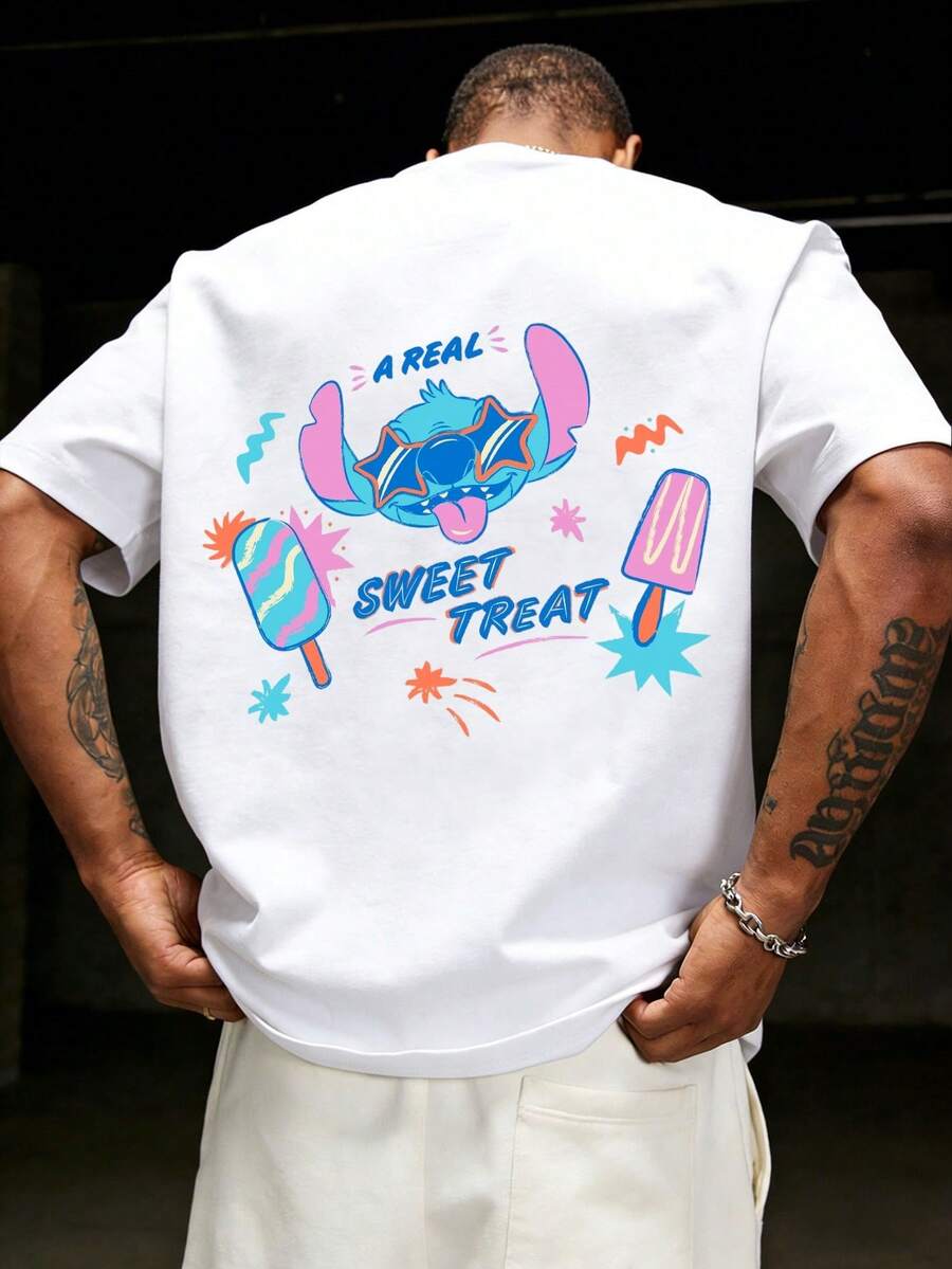 Disney Series Summer Mickey Mouse Print Men's T-Shirts Streetwear Polyester 0-Neck Loose Short Sleeve Tops Casual Loose Tee Shirts Men - 白色 - 查看 1