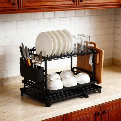 HanTai Dish Drying Rack, 2-Tier Dish Rack For Kitchen Counter, Large Expandable Dish Drainer Over Sink, 3 In 1 Multifunction Dish Strainer With Drainboard & Cups Holder, Black