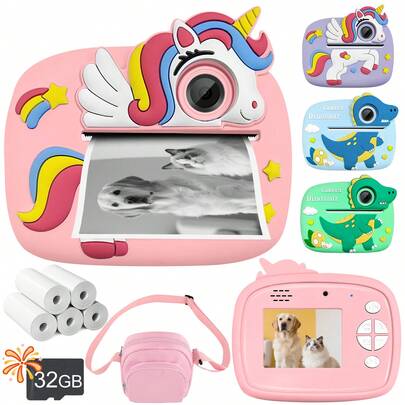 Câmera Fotográfica Instantânea para Crianças, Presente de Natal e Aniversário para Meninos e Meninas, Brinquedo de Câmera Digital de Vídeo HD 1080P, Adequado para 3-12 Anos, Design Fofo de Dinossauro e Unicórnio Atualizado, Resolução HD 1080P, Câmeras Selfie Frontal e Traseira, 4 Jogos de Quebra-cabeça