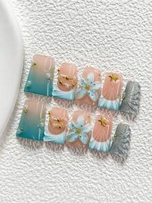 10Pcs Blue And Gold Fairytale Style Handmade Nail Art Set,Polygel Nail Set,Gold Starfish,Pearls,Flowers And Ocean Waves,Blue Nail Polish,Includes Nail Tools,3 Sizes Available,Almond Nails , Duck Nails,Coffin Nails For Party, Dance, Daily Wear - 彩色 - 查看 16