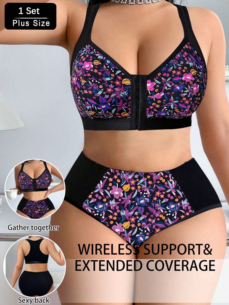 Plus Size Floral Print Front Closure Bra With Adjustable Straps & Panty Set - Black - View 1