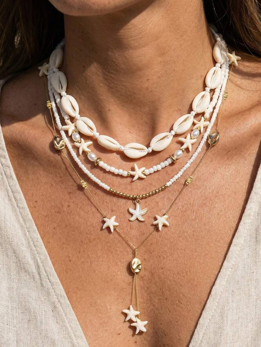 4pcs/Set Summer Beach Vacation Style Shell, Starfish & Pearl Y-Necklace Set, Multilayer Necklace Suitable For Beach, Holiday, Daily, Party, Gift For Friends & Girlfriends, Vacation Essential - Yellow Gold - View 1