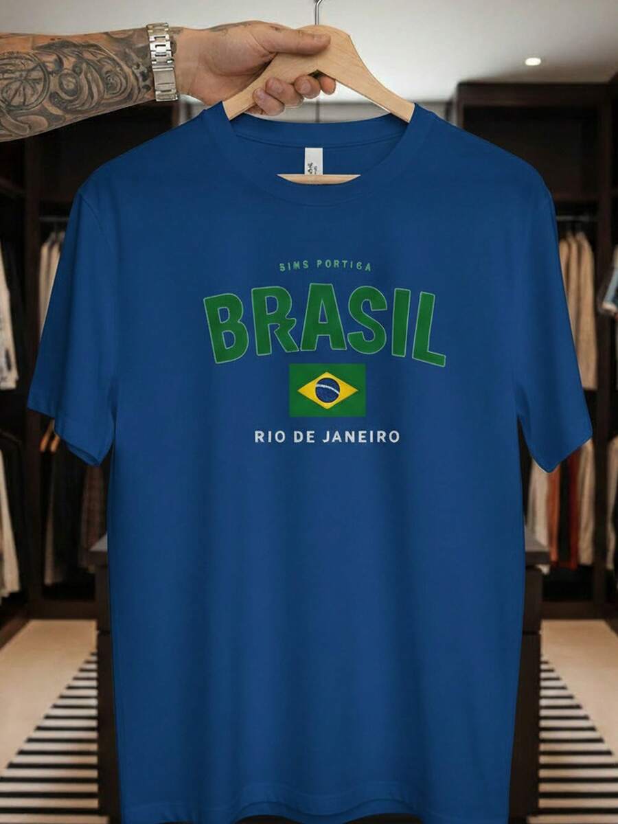 Unisex T-Shirt Supporting The Brazilian National Football Team Rio Short Sleeve Men's And Women's 100% Cotton, Casual, Crew Neck - 寶藍色 - 查看 1