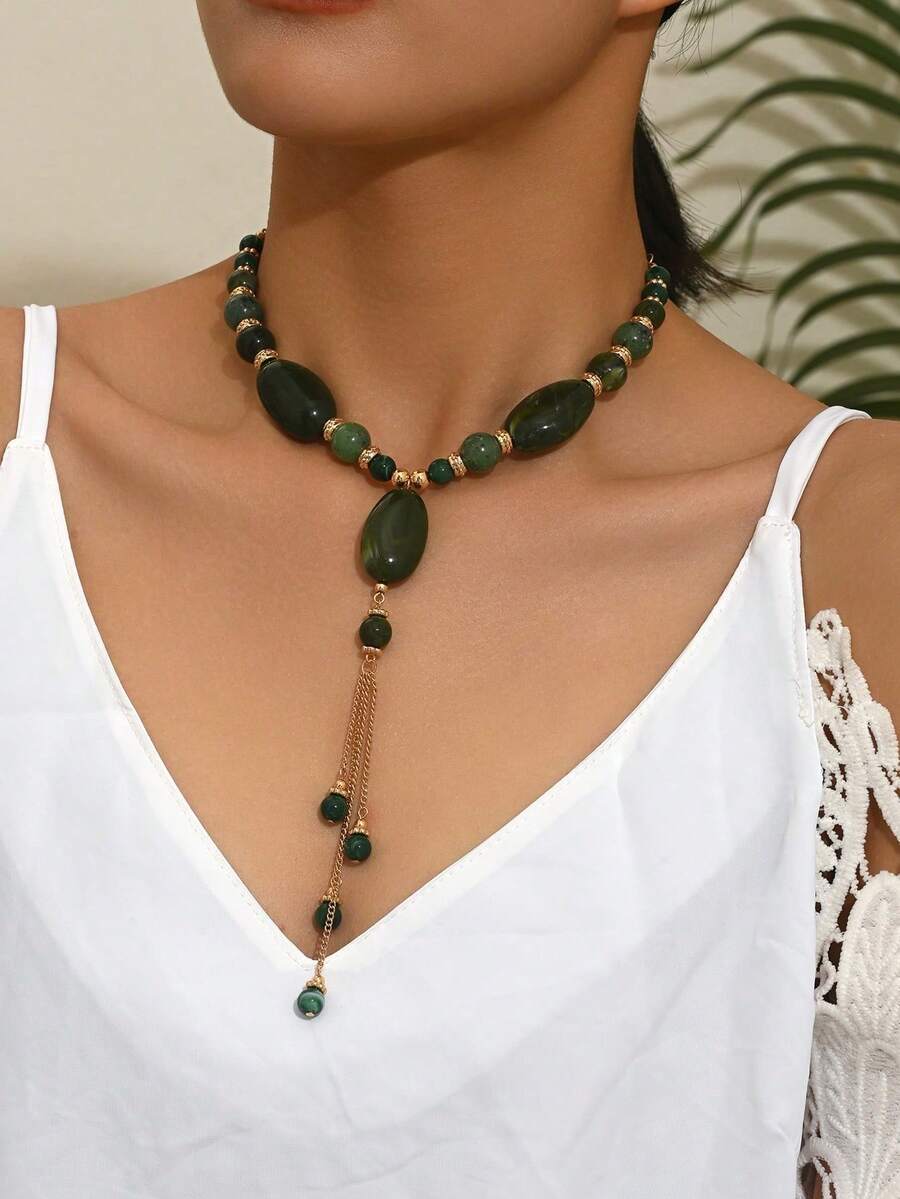 1pc Fashionable & Elegant Bohemian Style Asymmetric Dark Green Beaded Pendant Necklace, Women's Y-Shaped Jewelry Tassel Adjustable Drawstring Necklace Suitable For Party, Travel, Daily Wear. Random Resin Floral Pattern Color, Each Piece May Have Slight Molding Marks - Multicolor - View 1