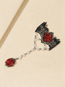 Bộ 1 vòng cổ và vòng tay nữ kiểu Gothic cổ điển đính ren, ngọc trai và tua rua hình hoa hồng. - Nhiều màu - Xem 5