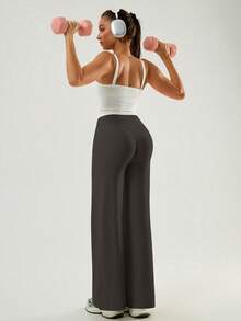 NcmRyu 1pc Women Solid Color Loose Fit High Waist Wide Leg Sports Pants - Coffee Brown - View 4