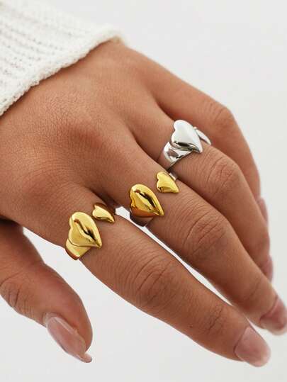 3pcs/1pc 18K Gold-Plated Stainless Steel Heart Opening Ring, Asymmetrical Polished Adjustable Ring, Waterproof And Non-Fading Fashion Jewelry For Women To Wear Daily, Valentine's Day Gifts, Party Date Accessories, Minimalist Fashion Millennial Girl Rings