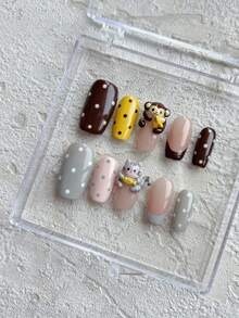 10 PIEZAS Uñas postizas cuadradas medianas con forma francesa de estilo Kawaii 3D de monos y gatos, uñas postizas adorables de animales, uñas de gel hechas a mano personalizadas, uñas postizas reutilizables con herramientas de uso - Multicolor - Ver 1