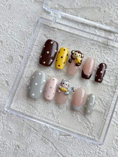 10PCS Kawaii 3D Monkey Cat Nails Medium Square Shape French Tip Nails Adorable Animal Press On Nails Handmade Custom Gel Nails Reusable Fake Nails With Wearing Tools