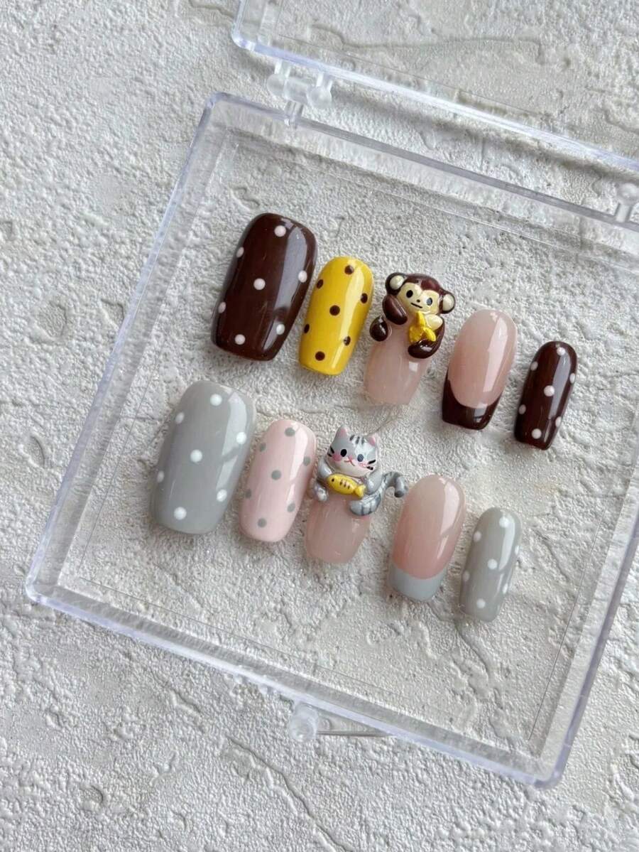 10 PIEZAS Uñas postizas cuadradas medianas con forma francesa de estilo Kawaii 3D de monos y gatos, uñas postizas adorables de animales, uñas de gel hechas a mano personalizadas, uñas postizas reutilizables con herramientas de uso - Multicolor - Ver 1