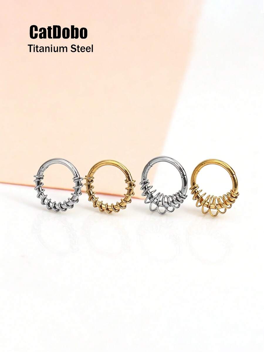 CatDObo 2 piezas Pendientes de acero inoxidable 316F con forma de resorte y múltiples círculos, pendientes de estilo punk sin perforación - Pendientes de alambre con múltiples bucles - Ver 1