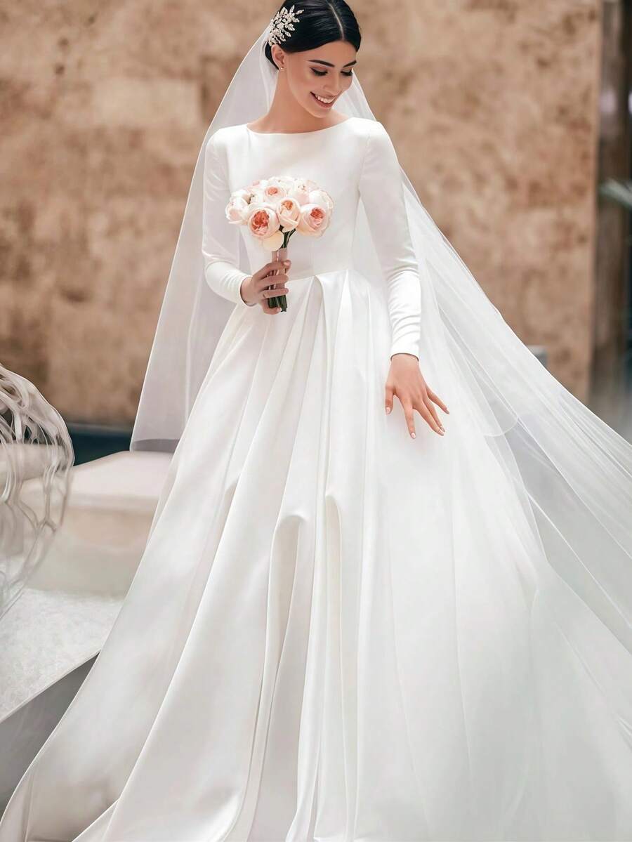 Elegant Sexy Long Sleeves Satin A Line Formal Bridal Dress Registration Wedding Dress For Bride,Bridal Fashion,Evening Party Dress Bridal Gowns,Romantic Church Ceremony Wedding Dress,Suitable For Wedding,Party,Singles' Party,Vacation,Bride,Formal Occasions,Dinner Dress,Prom Dress,Homecoming Dress,Cocktail Party - 白色 - 查看 1