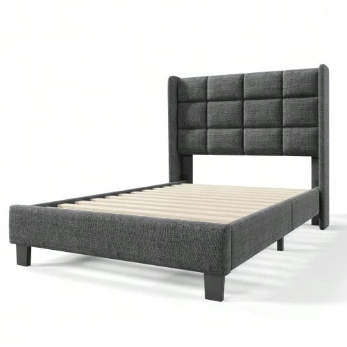 Modern Design Upholstered Bed With Its Upholstered Headboard. Single Bed With Slatted Base, 90x200cm, In Linen, Medium Firmness (Without Mattress) - Grey - View 1