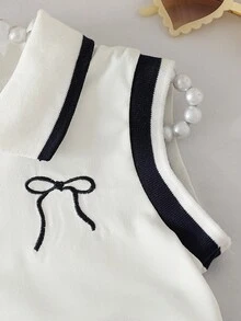 Conjunto de moda casual y lindo para niñas pequeñas, camisa de cuello acanalado + bordado de lazo, falda plisada de unicolor con lazo - Blanco - Ver 5