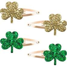 4 pinzas para el pelo con diseño de trébol para niñas, accesorios para el pelo del Día de San Patricio para mujeres, horquillas verdes con trébol dorado para mujeres. - 1 - Ver 1
