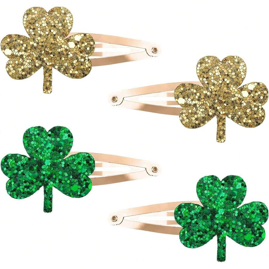 4 pinzas para el pelo con diseño de trébol para niñas, accesorios para el pelo del Día de San Patricio para mujeres, horquillas verdes con trébol dorado para mujeres. - 1 - Ver 1