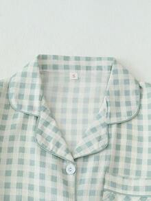 3pcs Set Plaid Print Button-Up Collar Short Sleeve Top And Shorts Pajama Set, Suitable For Home Wear, Spring/Summer - Green - View 3