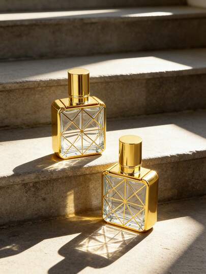 4-delige luxe gouden parfumverstuiverset (1 fles + 3 accessoires), vierkante, transparante glazen navulbare mini-decantfles met ultrafijne nevel, geschikt voor dagelijks gebruik in de make-uptas van vrouwen, ideaal als cadeau.