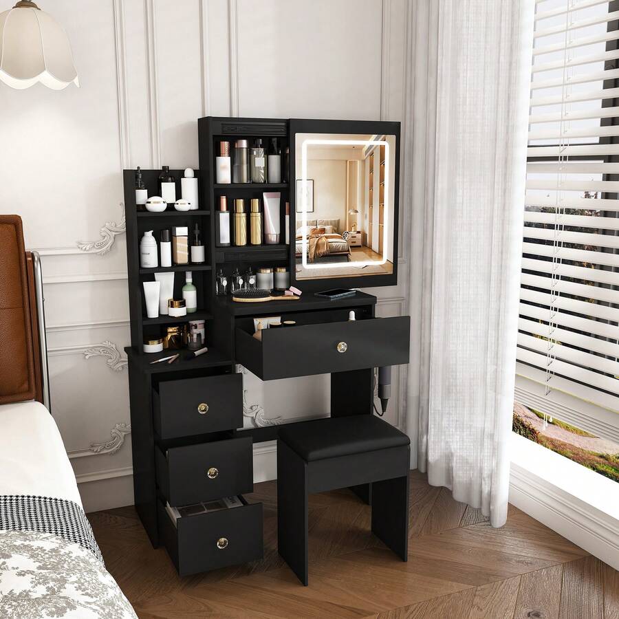 Black LED Vanity Desk With Storage Drawers, Makeup Table With Hair Dryer Holder Power Socket & Dressing Chair For Bedroom - Black - View 1