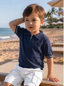 Boys' Collegiate Style Lyocell Solid Color Short Sleeve Half-Zip Lightweight Knit Pullover Sweater, Spring/Summer/Autumn - Navy Blue - View 5