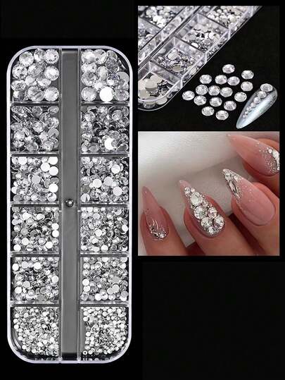 粉色美甲水钻套装，2/3/4/5/6毫米平底水钻，约1500颗闪亮亮片水钻，适用于美甲、DIY工艺品、马克杯、瓶子、水杯、衣服、化妆品、美甲、美甲饰品、美甲宝石、美甲用品等。