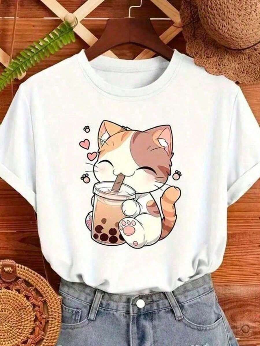 Women's Cute Cat Milkshake Printed T-Shirt, Cotton, Casual, Comfortable - 白色 - 查看 1