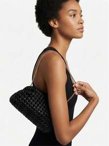 Medium Silver Black Gold Braided Crossbody Bag With Chain - Black - View 7