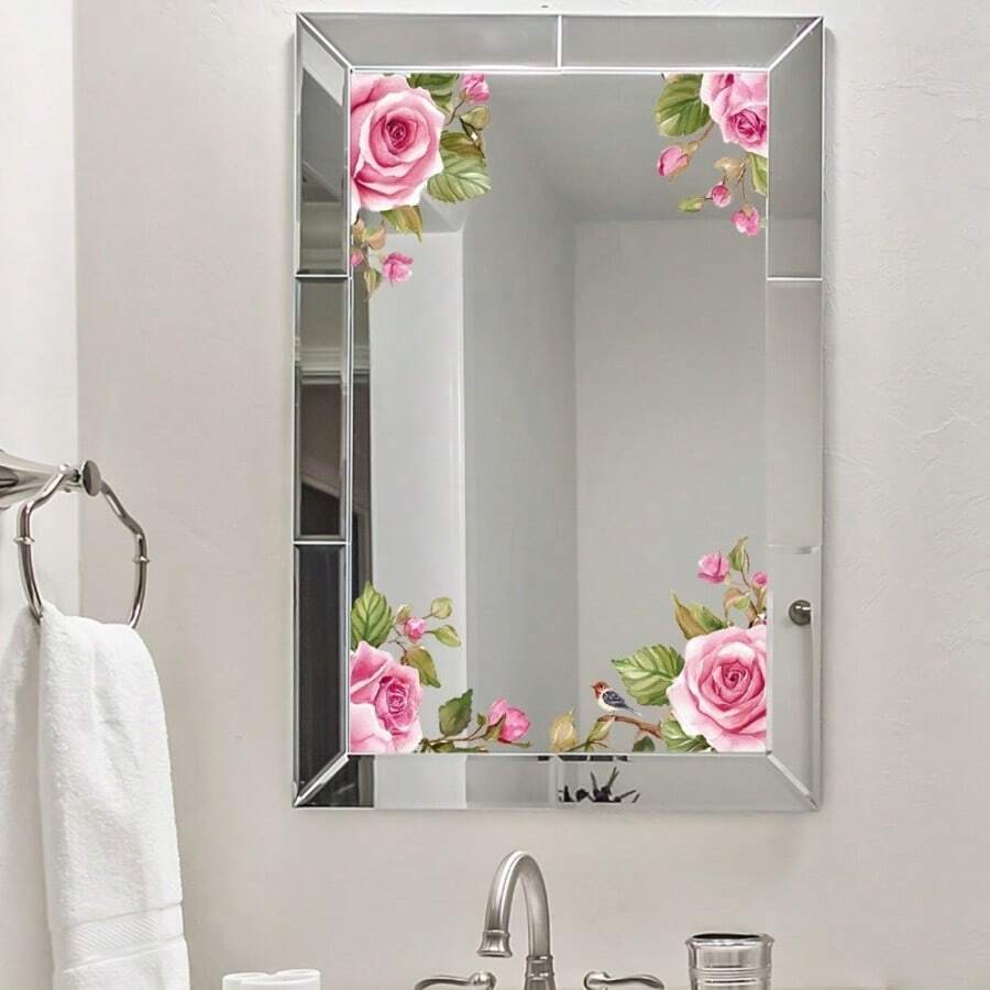 1 Stück hochwertige Bohemian-Stil rosa Rose Glas Spiegel Aufkleber, geeignet für Badezimmer, Waschtisch, Glastür & Fenster Dekoration - 1PC - Übersicht 1