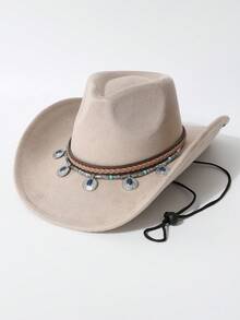 1 Stück beiger Kunstsuede Cowboyhut, klassische Cowboyhut Struktur - hoher Kopf (mit charakteristischer eingedrückter Spitze) + breite Krempe (leicht nach oben gebogener Krempenrand, typisches Western-Hutdesign), klare Silhouette. Windbeständiges Design: Verstellbare Windschnur unter der Krempe. - Zylinder - Übersicht 6