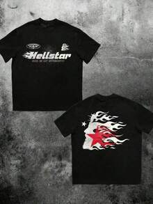 T Shirt Print ,Graphic-Cotton Tees Size Plus, Cartoon Round Neck Short Sleeve, (220 Cotton T-Shirt Double-Sided Printing) 1pc Flame & Star Graphic T-Shirt, Y2K, Streetwear, Digital Print T - Shirt Casual Comfort Cotton Tee For Spring & Summer Fall Men's Clothing, Halloween Gift,Unisex2025,Y2K,Oversized Shirt Men,With Shirt,Summer Tops,Shirt Suitable - 黑色 - 查看 8