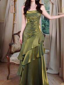 Women's Elegant Vintage Green Formal Party Dress, Slim Fit Spaghetti Strap Cocktail Gown For Birthday, Wedding Guest, New Year Spring - màu xanh lá - Xem 2