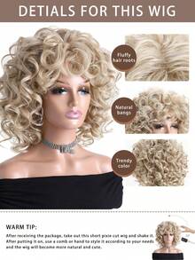 12Inch Women's Fashionable Natural Fluffy Afro Curly Synthetic Fiber Heat-Resistant Short Gold Wig, Suitable For Daily Wear, Halloween Party Costumes And Parties - 金色 - 查看 6