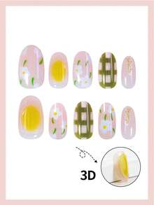 30片绿色格子雏菊和黄色果冻图案短椭圆形亮面全覆盖假指甲，Y2K风格，适合女性和女孩 - 彩色 - 查看 4